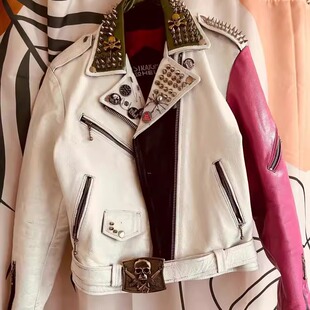 美国代购 古着哥特朋克铆钉徽章骷髅彩绘皮革摇滚皮衣 Jacket㊣
