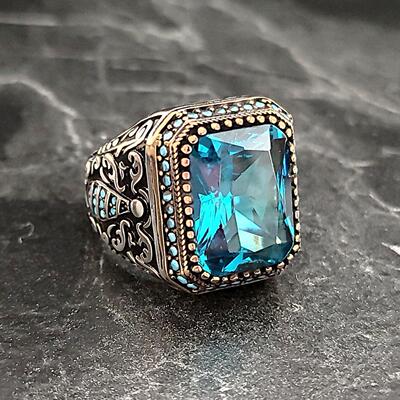 海蓝宝石镶嵌男士925纯银戒指