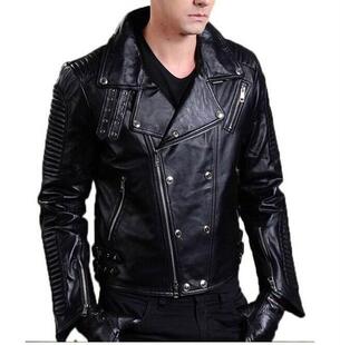 美国代购 夹克皮衣 Biker◇手作黑色牛皮皮革侧拉链摩托车机车男士