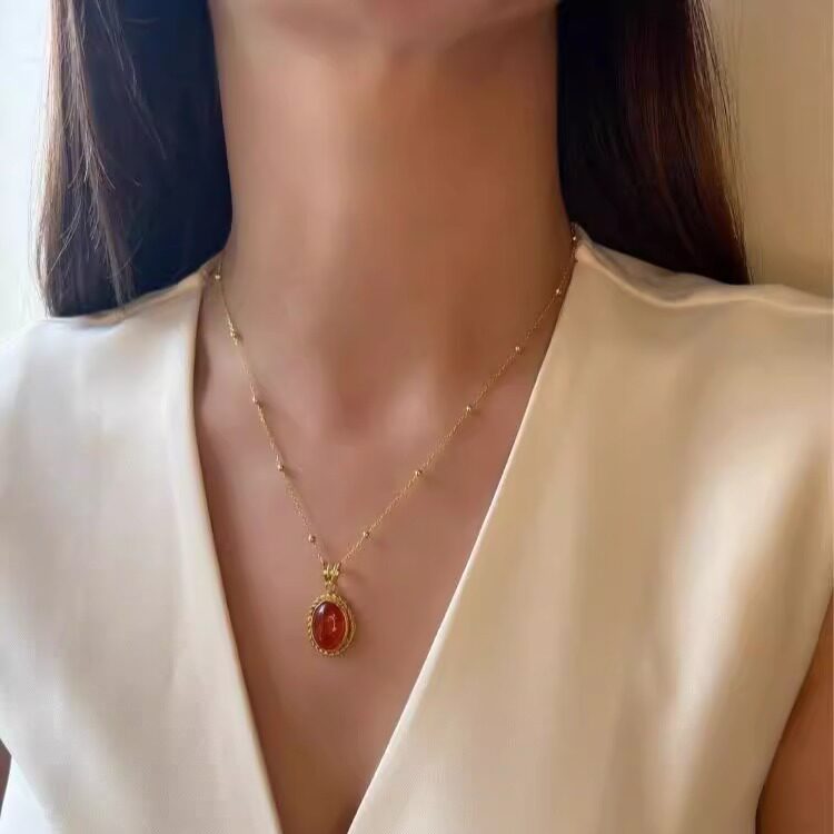 英国代购Necklace㊣ 手作优雅精致华丽波罗海琥珀纯银镀金项链