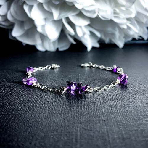 Amethyst㊣美国代购 手作迷人简约优雅美丽紫水晶串珠纯银脚链