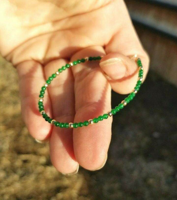 美国代购Jade◇手作华丽绿色翡翠色绿玉串珠25mm14K纯金珠手链