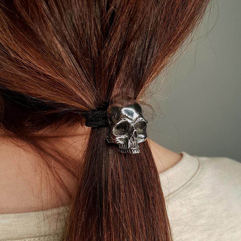 加拿大代购Skull◇手作复古哥特银色骷髅头骨实心铸造不锈钢发饰