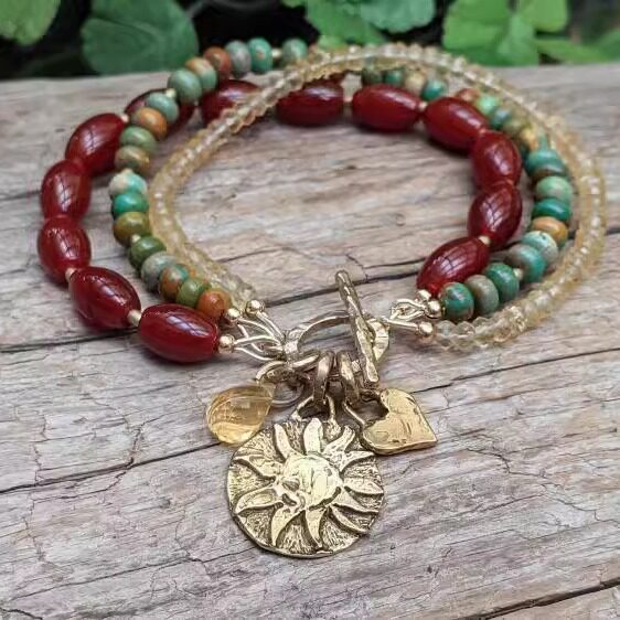 Natural㊣加拿大代购 手作天然绿松石红色宝石三层串珠纯银手链