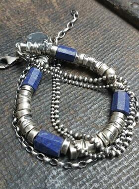 男士纯银青金石多层银珠银链手链