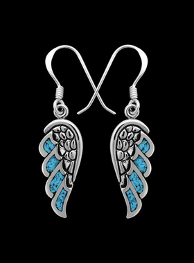 美国代购Winged◇手作天使之翼翅膀羽毛绿松石宝石镶嵌纯银耳环