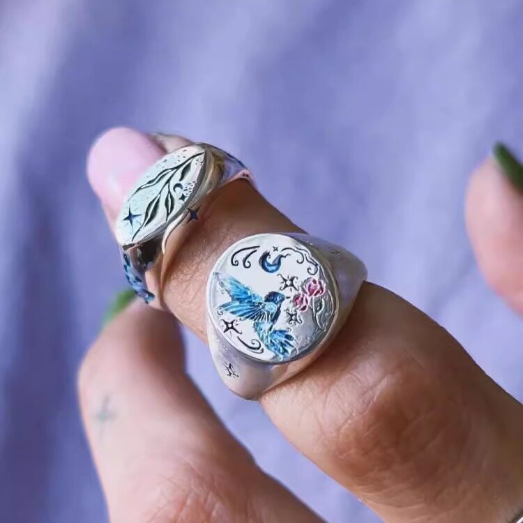 土耳其代购Ring㊣ 手作简约精致纯银手绘雕刻夜莺玫瑰插图戒指