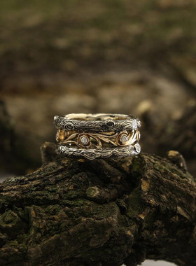 树皮藤蔓钻石14K纯金结婚戒指