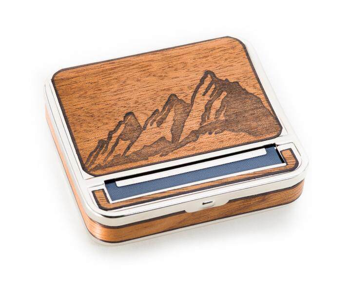 美国代购Mountain◇手作复古山脉图案定制桃花心木实木自动卷烟盒