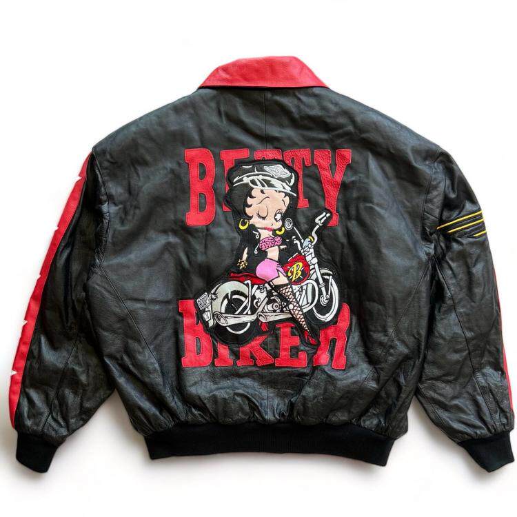 美国代购Jacket㊣ 古着卡通机车手摩托车刺绣补丁飞行员夹克皮衣