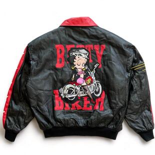 美国代购 古着卡通机车手摩托车刺绣补丁飞行员夹克皮衣 Jacket㊣