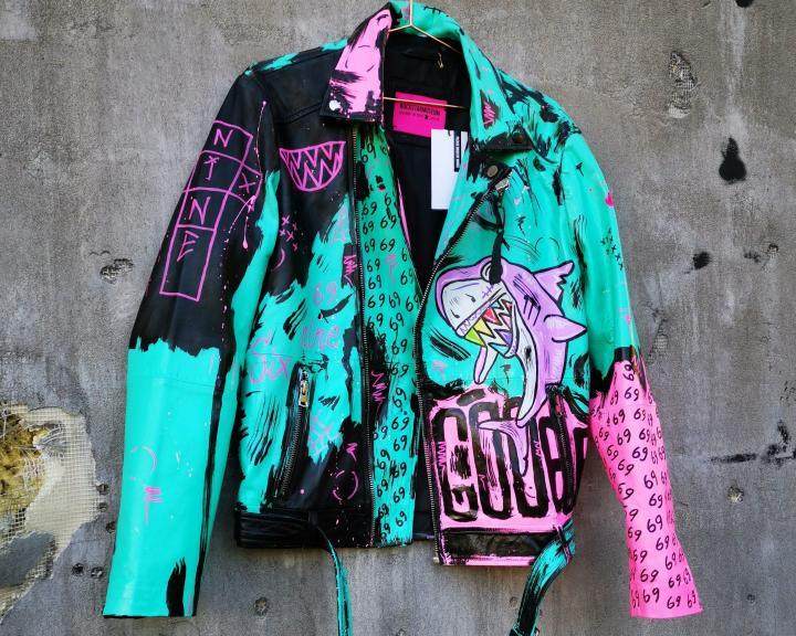 海外代购Jacket㊣ 手作哥特朋克嘻哈DIY风格彩绘机车骑士真皮夹克