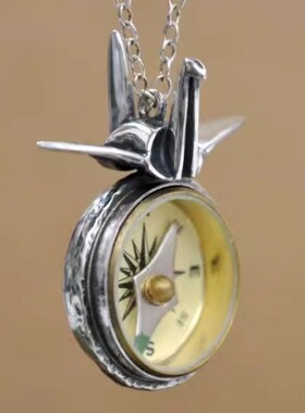 手作复古纯银千纸鹤指南针项链