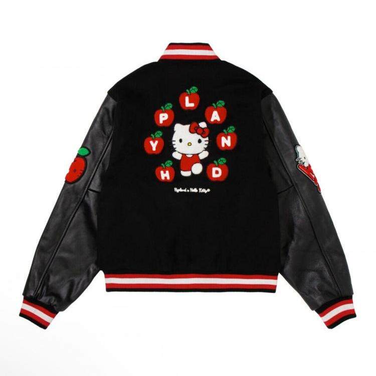 美国代购Jacket▼古着俏皮可爱苹果凯蒂猫校队黑色夹克棒球服皮衣