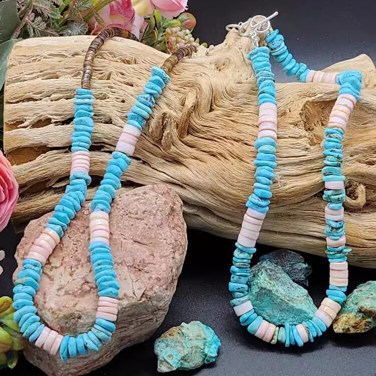 美国代购Necklace㊣ 手作波西米亚蓝绿松石粉色海螺壳纯银项链