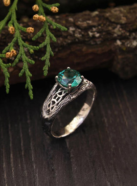 凯尔特绿色石英树皮编织纯银戒指