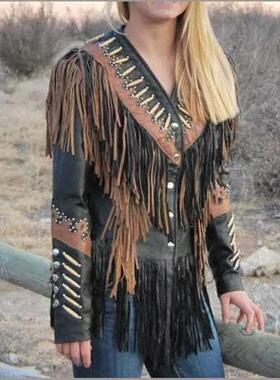 Native㊣美国代购 手作美洲原住民西部女式流苏黑色牛皮外套皮衣