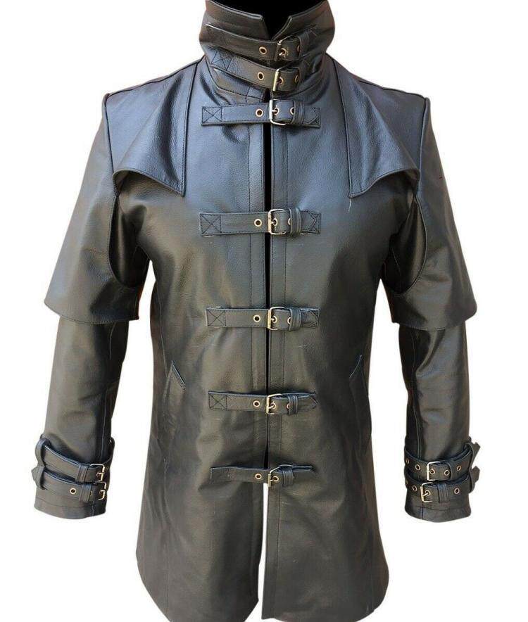 Trench㊣海外代购 手作迷人蒸汽朋克斗篷黑色真皮衣摩托车风衣