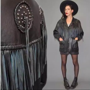 德国代购 古着铆钉流苏黑色西部牛仔风翻领斗篷大衣皮衣 Jacket㊣