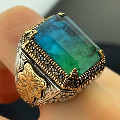 碧玺宝石镶嵌复古氧化纯银戒指