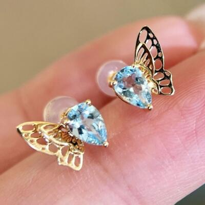 镂空镶嵌天然海蓝宝石18k金耳环