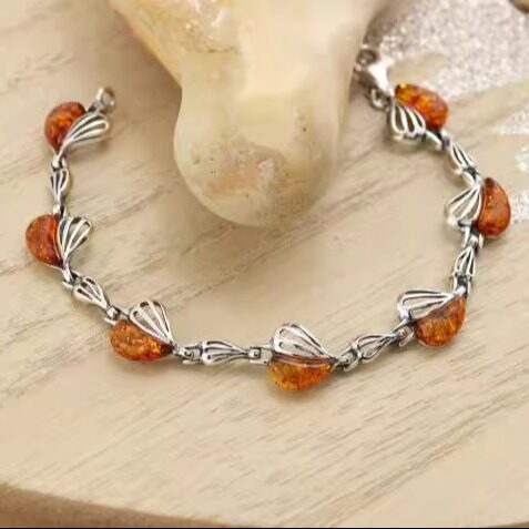 英国代购Bracelet㊣ 手作华丽简约优雅琥珀镶嵌纯银爱心心形手链