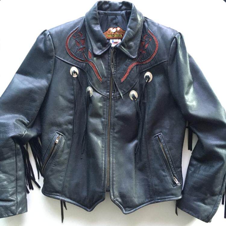 美国代购Jacket㊣ 古着90年代皮革花朵压花摩托车流苏夹克皮衣