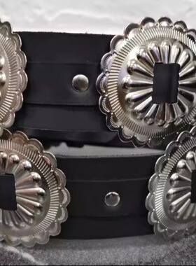 美国代购Concho◇手作黑色真皮皮革银色花边扣西部牛仔皮带腰带