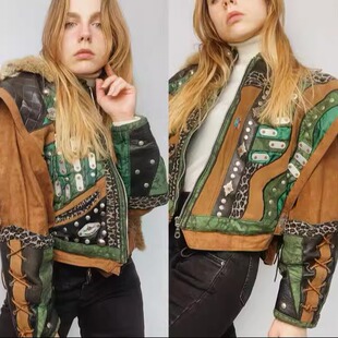 波兰代购 手作哥特朋克铆钉绒面革毛皮摩托车机车皮衣 Jacket㊣