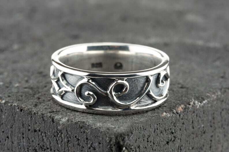 加拿大代购Band◇手作复古个性随机线条图案浮雕指环氧化纯银戒指