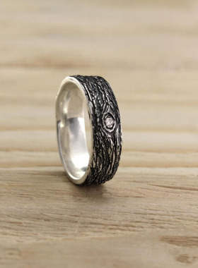 自然树皮钻石点缀纯银结婚戒指