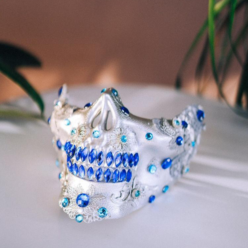捷克代购Skull◇手作银色骷髅蓝色水钻花丝花朵万圣节cosplay面具