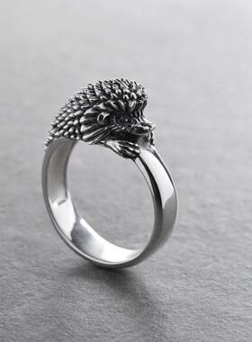 刺猬小动物立体氧化纯银戒指复古