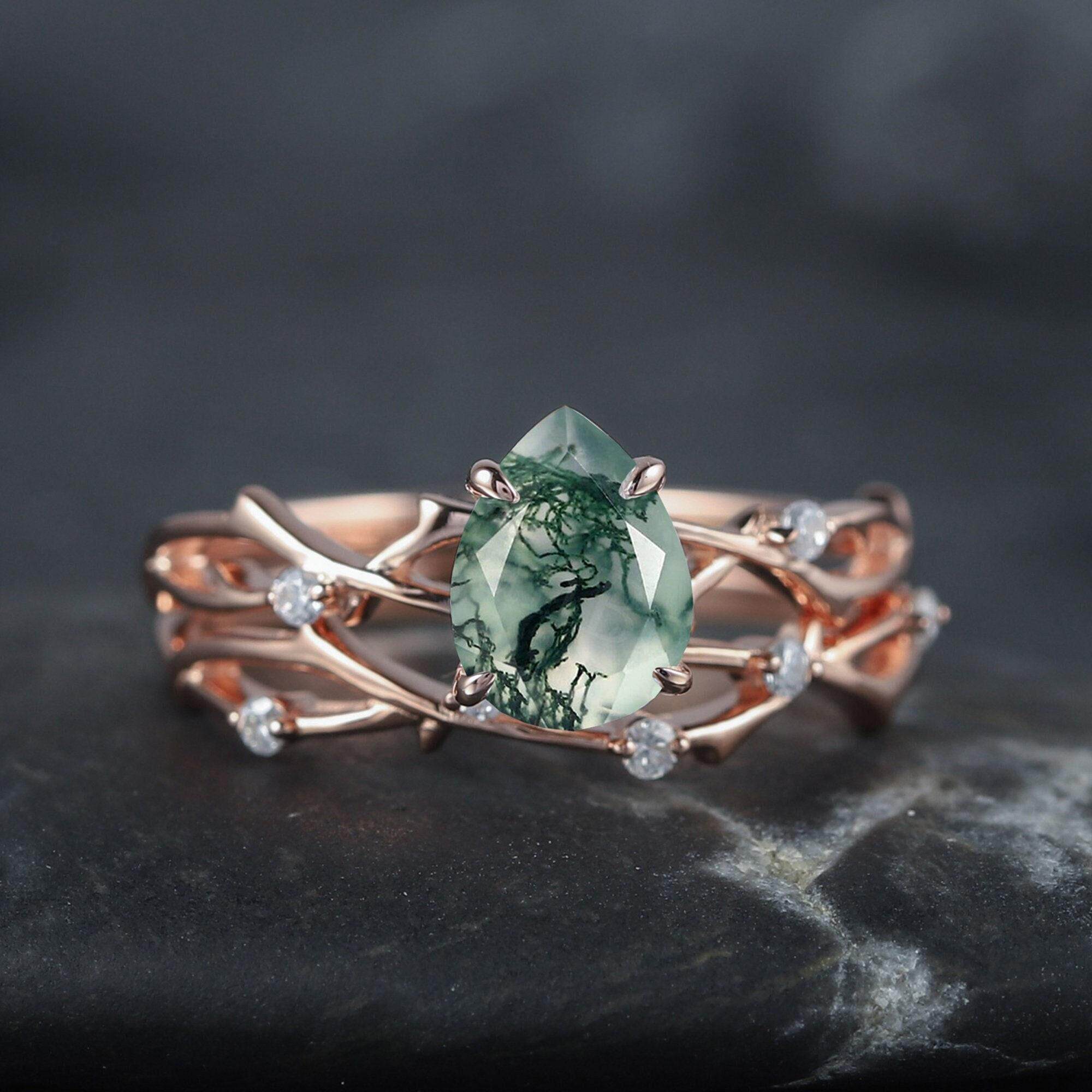 美国代购Agate◇手作复古天然苔藓玛瑙14K玫瑰金钻石订婚套装戒指