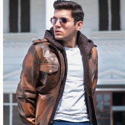 Distressed㊣海外代购 手作摩托车飞行员棕色做旧真皮连帽皮衣