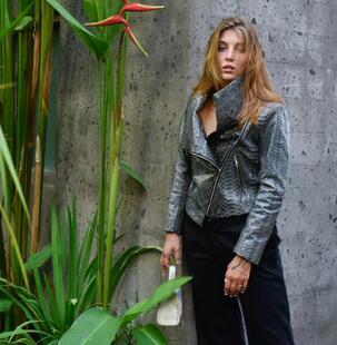 海外代购 Snakeskin◇手作奢华灰色光面真正蛇皮宽领女士夹克皮衣