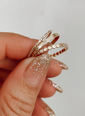 纯银14K金填充叠戴戒指锤打厚带