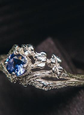 乌克兰代购Tanzanite◇手作复古精致坦桑石镶嵌叶子树枝纯银戒指