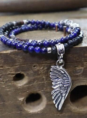 纯银男士青金石碧玉熔岩翅膀项链