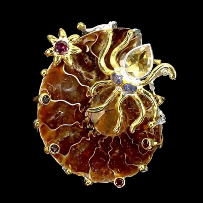 玫瑰榴石坦桑石菊石化石纯银吊坠