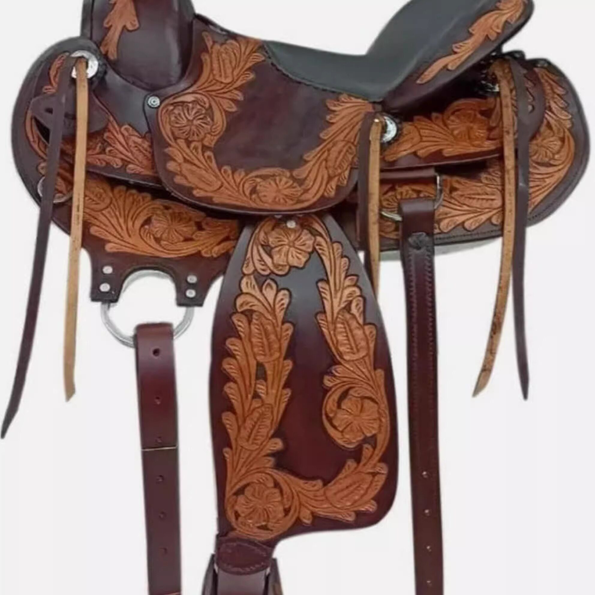 海外代购Saddle◎手作定制深棕色皮革花卉雕刻西部马鞍配套笼头