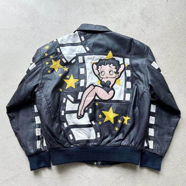 美国代购Jacket㊣ 古着1990年代收藏可爱娃娃皮革飞行员夹克皮衣