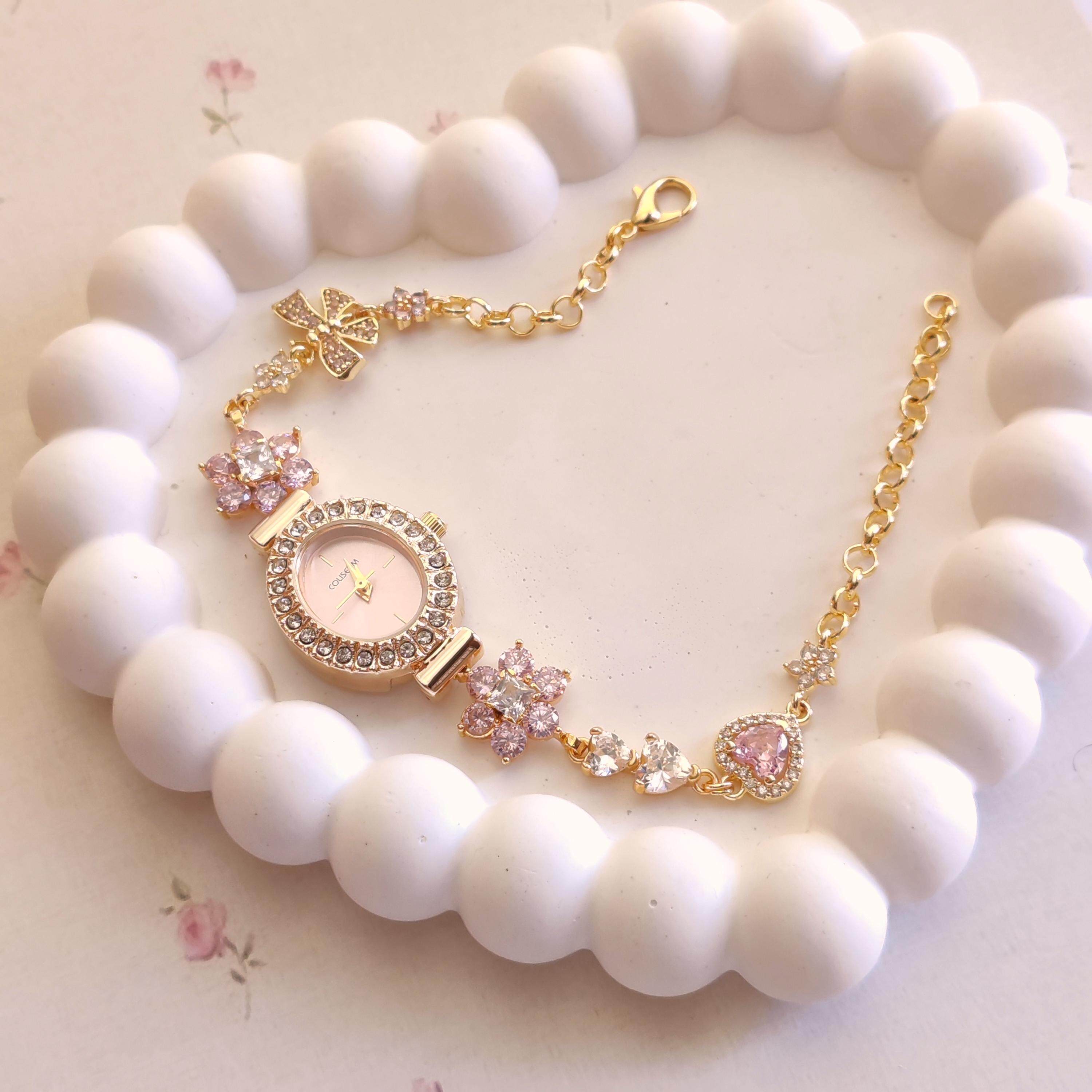 美国代购Bracelet▽手作复古风格花卉心形粉色锆石表手链迷人手镯