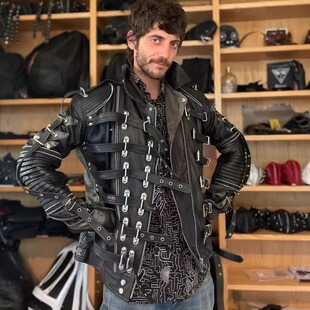 美国代购 手作哥特蒸汽朋克金属扣腰带黑色机车夹克皮衣 Jacket㊣