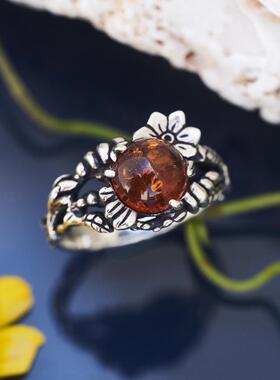 纯银复古天然琥珀戒指花朵枝叶