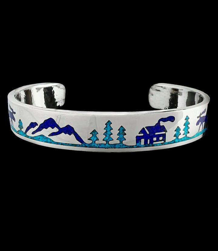 Scene㊣美国代购 手作驼鹿小屋场景美丽绿松石青金石开口纯银手镯