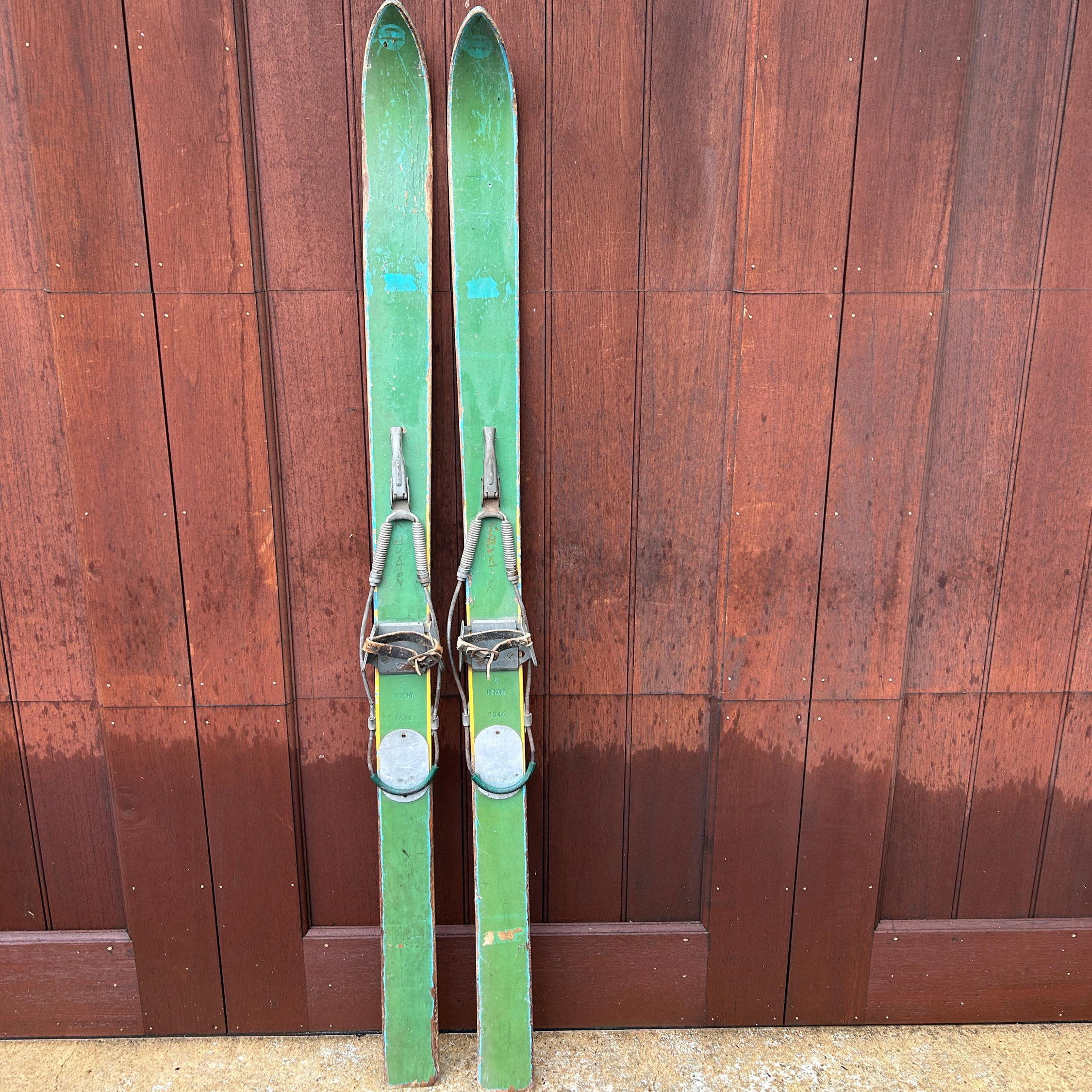 美国代购Vintage㊣ 古着收藏装饰绿色油漆实心山核桃木双板滑雪板