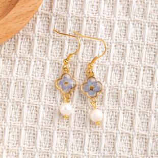 英国代购Exquisite▽手作勿忘我珍珠耳环四叶草框蓝色树脂花耳饰