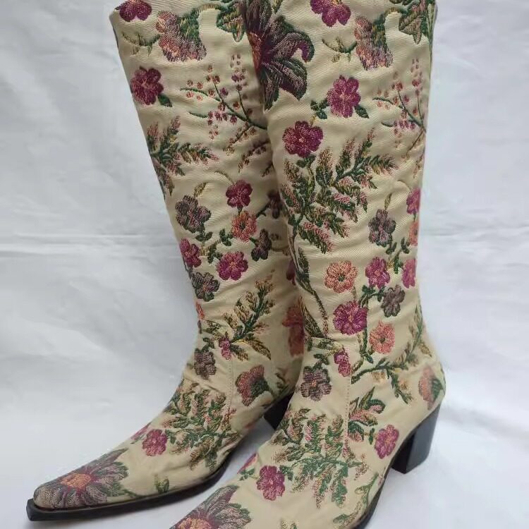 Textile㊣土耳其代购 手作西部风格花卉图案纺织靴方根高筒真皮靴