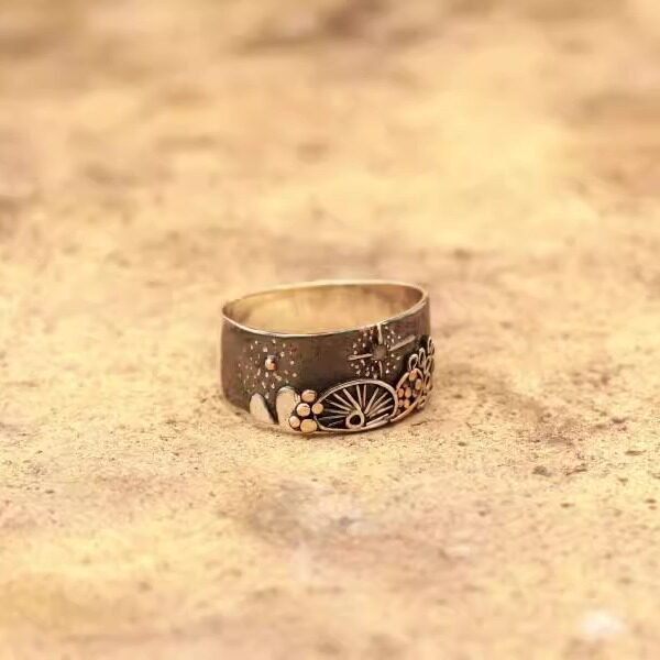 以色列代购Jewelry㊣ 手作精致抽象太阳月亮星星纯银14k纯金戒指